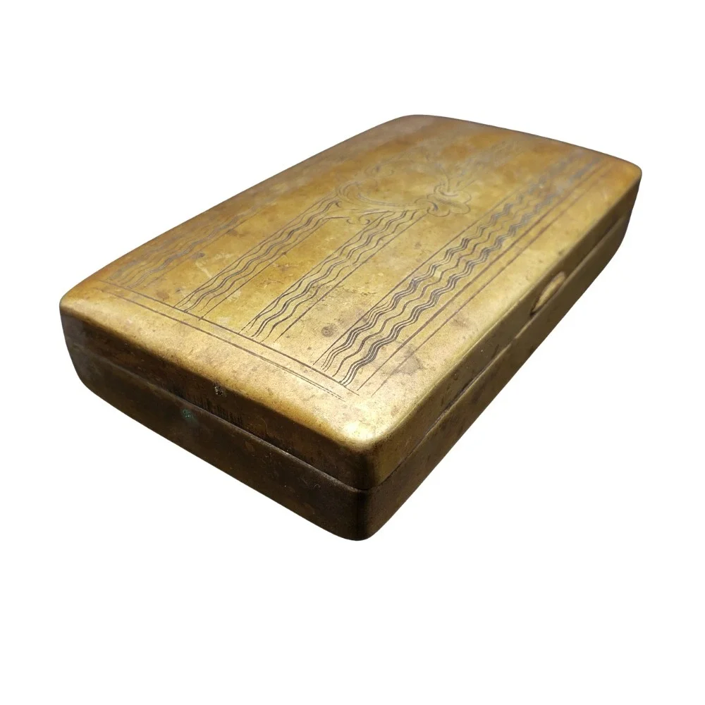 Antique ca 1900s Brass Metal Tobacco Snuff Box Engraved Wave Pattern Hinged Lid